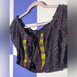 NWT Raga Blue and Pink Floral Off Shoulder Crop with Yellow Embroidery - Size L